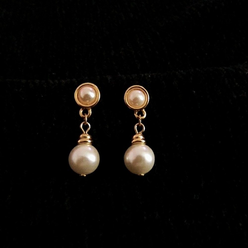Faux Pearl Gold Tone Dangle Earrings Formal